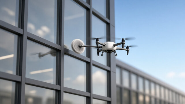 Window cleaning drone with soft brush near glass building facade
