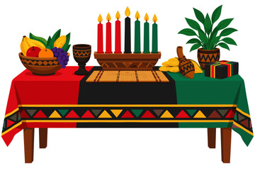 Fototapeta premium Kwanzaa table decorated with fruits, candles, and traditional items