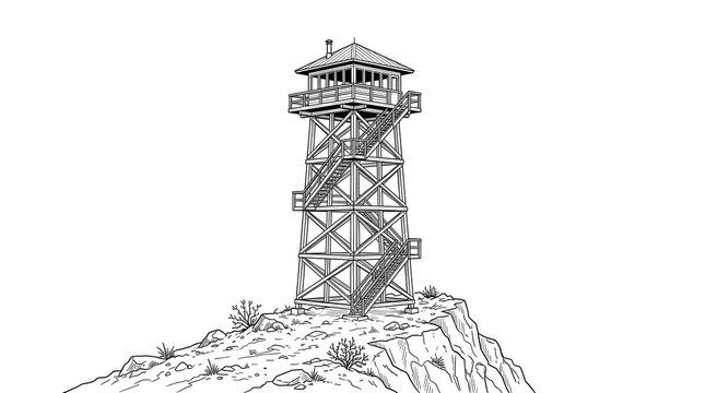 Black and white hand drawn ink sketch illustration of a tall wooden fire lookout watchtower standing on top of a rocky mountain ledge. 