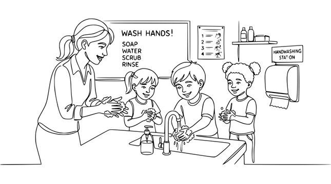Teacher instructing children on proper handwashing hygiene at a sink