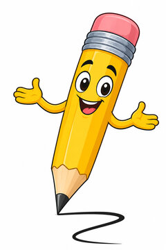 Friendly yellow cartoon pencil character with expressive big eyes and a pink eraser gesturing warmly while drawing a clean black line on a plain white isolated background surface