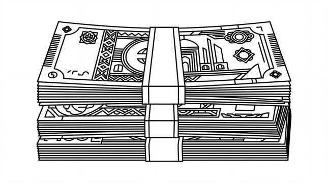Stacked wads of money in black and white line art illustration