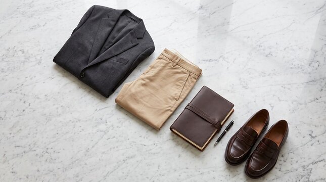 Top-down layout of a plain charcoal blazer, tailored beige chinos, a blank leather notebook, and generic dark brown loafers. Arranged diagonally on a smooth marble countertop. 3