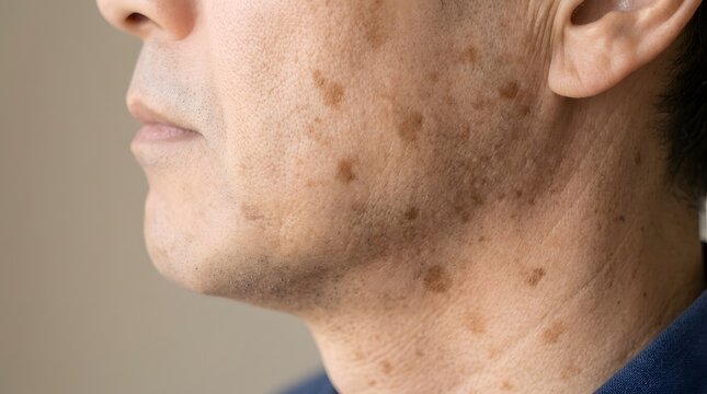 男性の頬にできた大きなシミと肌の色素沈着