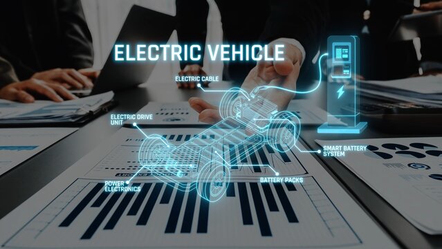 This image showcases innovative electric vehicle technology featuring detailed components and diagrams, representing a sustainable future in the automotive industry. Raster