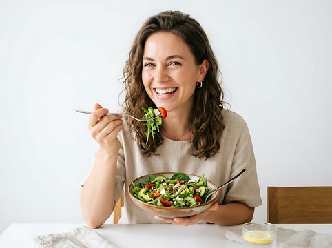 A joyful young woman enjoys a fresh green vegetable salad with tomatoes at her dining table during lunch time while promoting a healthy lifestyle and proper nutrition in her bright home