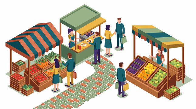 Isometric street market illustration showcasing fresh produce stalls, street food vendors and shopping customers, concept for local commerce and sustainable living