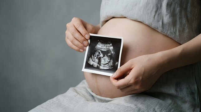 エコー写真を大きなお腹の前にかざす妊婦の手元クローズアップ