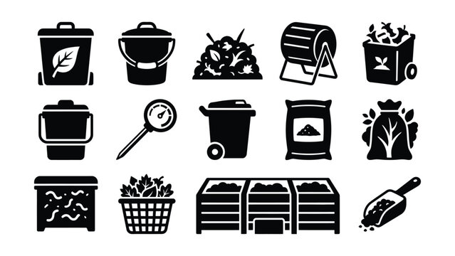 Set of composting gardening and recycling icons with transparent background