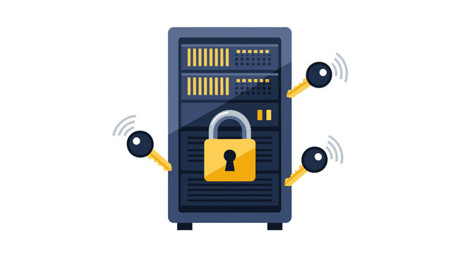 Secure Server Rack with Padlock and Electronic Keys for Data Security and Network Protection Vector Illustration