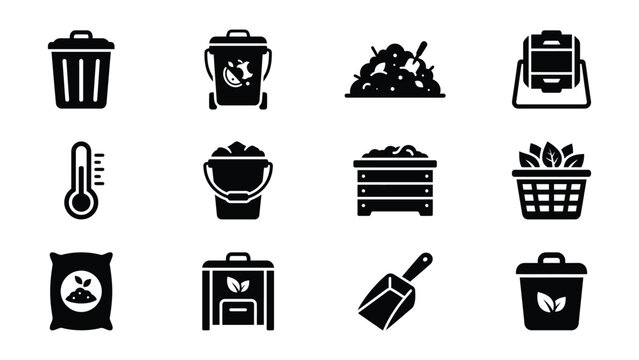 Set of composting recycling and waste management icons with transparent background