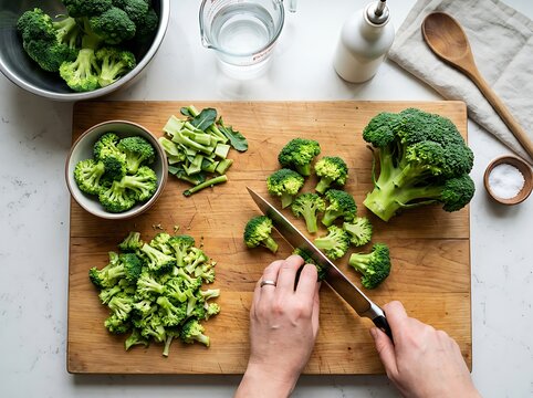 A person expertly chops fresh green broccoli florets into bite sized pieces using a sharp knife upon a rustic wooden cutting board positioned atop a bright kitchen countertop surface