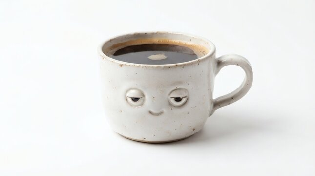 A charming, handmade ceramic mug with a sleepy, tired face, filled with dark, steaming coffee, set against a clean white background, evoking a sense of morning comfort