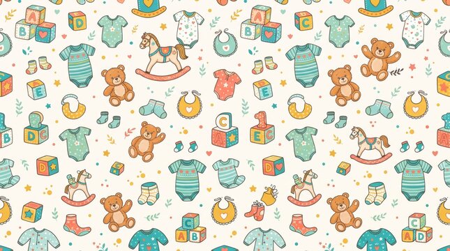 Seamless pattern of cute baby clothes and nursery toys with baby shower children items teddy bears