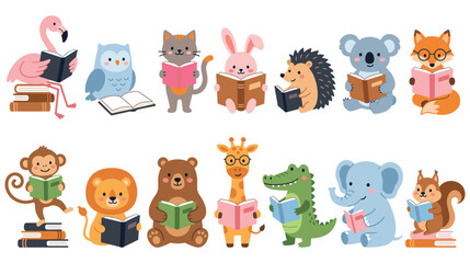Fototapeta premium Cute cartoon animal characters reading books collection for children early education theme.