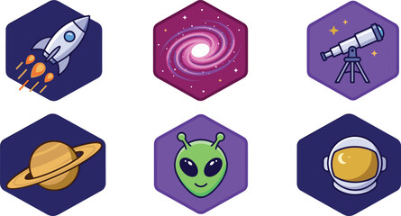 Outer Space and Astronomy Hexagonal Icon Set with Rocket Ship Galaxy Telescope Planet Saturn Alien and Astronaut for Sci-Fi Vector Graphic Designs © MstRabeya
