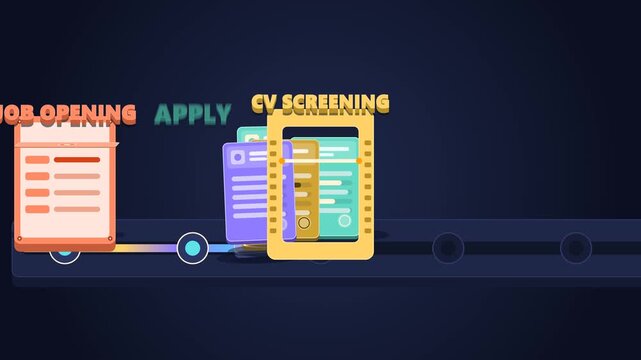 Stylized 2.5D recruitment workflow shows a job opening, applications, CV screening, interview, candidate selection and employment contract, clearly visualizing the hiring process.