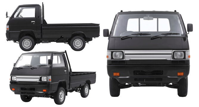 Set of three angles front side and three quarter view of generic unbranded black commercial pickup truck mockup isolated on transparent background