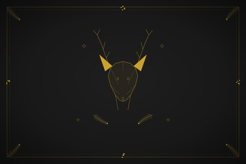 Dark luxury Christmas card with gold geometric reindeer and botanical frame on black vector illustration © Marlar