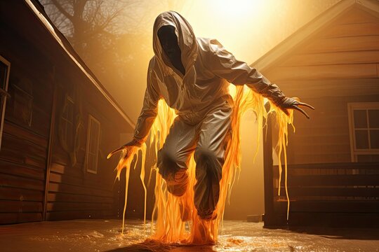 Halloween Scene With a Spooky Figure and Glowing Orange Ooze Generative AI