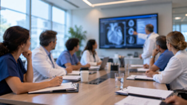 Blurred Multidisciplinary Medical Conference with Healthcare Specialists at Table