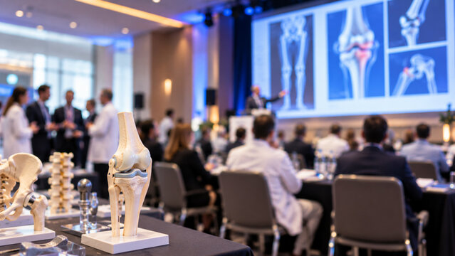 Blurred Orthopedic Medicine Conference with Specialists Reviewing Joint Imagery
