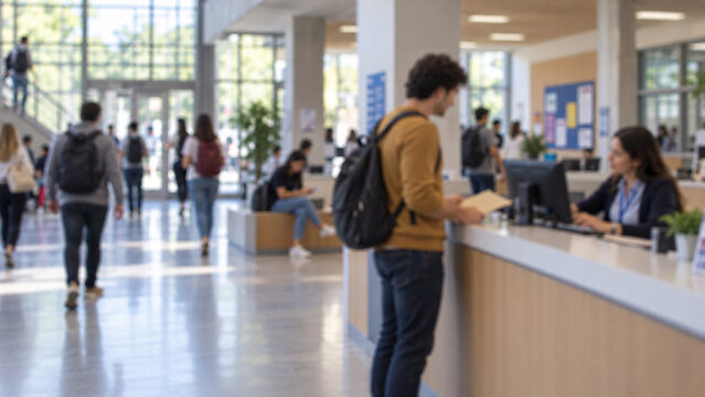 Blurred Student at University Student Services Center for Enrollment Bureaucracy