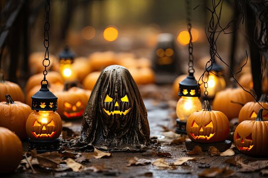 Halloween Scene With Ghost Figure and Jack O Lanterns in the Woods Generative AI