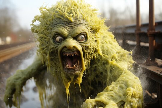 Creature Emerges From Fog on Halloween Night Near Train Tracks Generative AI