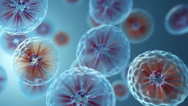 60 FPS Microscopic cell division animation with glowing membranes and mitotic spindle fibers drifting