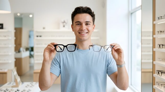 Portrait of a smiling young man comparing two different eyeglass frames while choosing new eyewear in a modern optical shop or optician store interior with bokeh background