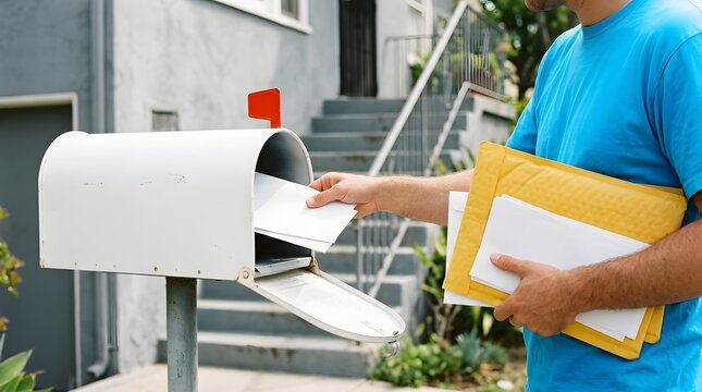 Close-up of a man mailing a stack of white envelopes into a white residential mailbox in a suburban neighborhood, holding additional letters and yellow padded mailers for delivery or post.