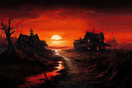 Haunted Houses Under a Dark Orange Sky During Halloween Night Generative AI