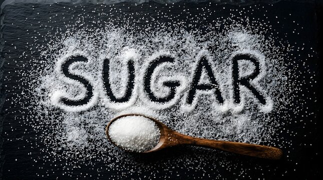 Top view of white granulated sugar crystals scattered on a black stone surface forming the word SUGAR with a rustic wooden spoon, conceptual shot for cooking, baking, and dietary health awareness.