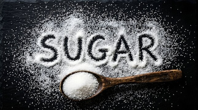 White granulated sugar grains scattered on a dark black slate surface with the word sugar written in text and a rustic wooden spoon filled with sugar, top view food concept for baking or health.