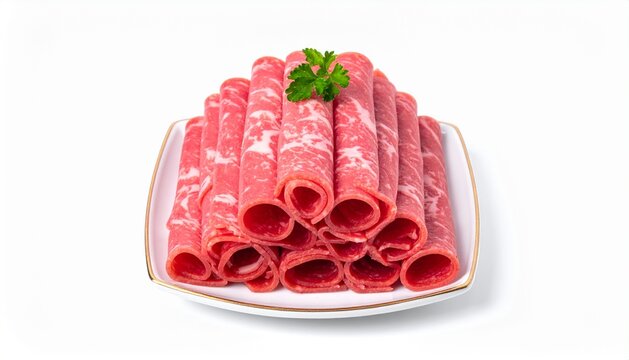 Fresh Sliced Raw Beef Rolls on White Plate Isolated on White Background