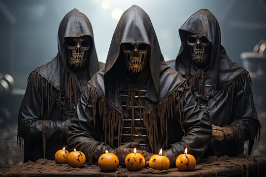 Mysterious Figures Gather Around Jack O Lanterns in Dim Light Generative AI