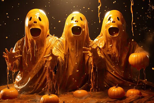 Three Ghosts Covered in Orange Ooze Gather Around Pumpkins Generative AI
