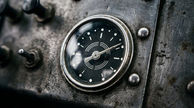 Close-up of a Vintage Analog Fuel Gauge with Needle Pointing to Full on a Weathered Metallic Dashboard of an Old Industrial Machine or Vehicle, Representing Energy and Readiness