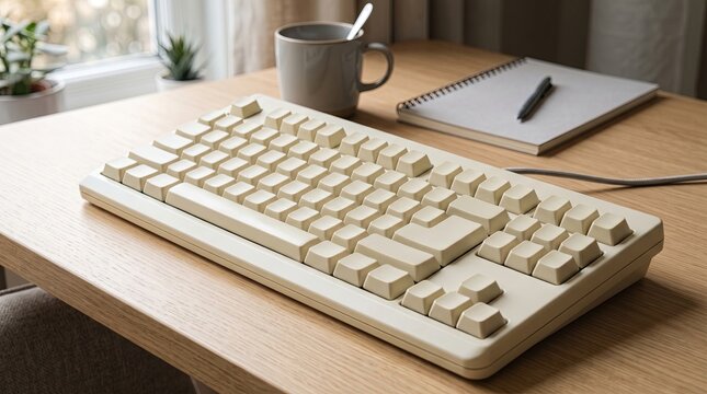 Accessible ergonomic keyboard on clean wooden desk surface, inclusive technology for people with disabilities, modern office workspace, soft natural light, high detail