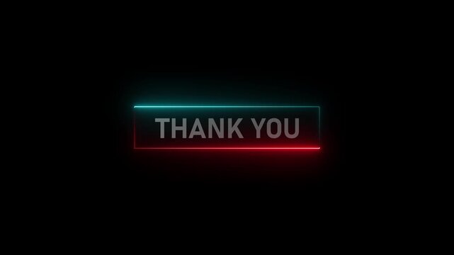 Modern neon &ldquo;THANK YOU&rdquo; text inside a glowing rectangular frame, featuring vibrant red and cyan light effects on a dark background.