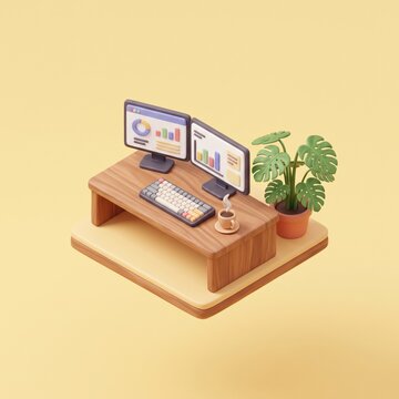 3D isometric modern tech workspace with computer and plants