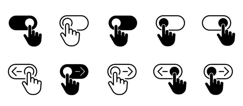 Toggle Switch and Hand Click Icon Set. On Off Button and Swipe Control Symbols. Vector Illustration.