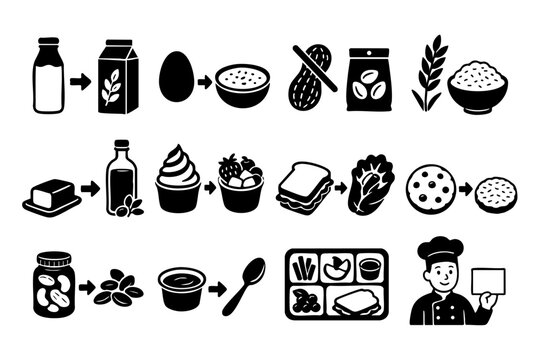 Food allergy and ingredient substitution black icon set