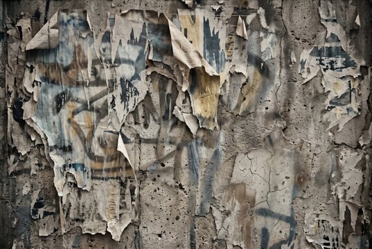 Grunge urban texture with torn posters and cracked concrete wall