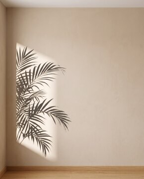 Minimalist beige plaster wall background with natural botanical leaf shadow