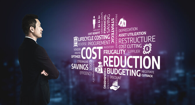 A businessman reflects on various cost reduction strategies amidst a modern urban backdrop, enhanced by infographic elements that highlight financial management concepts. Tessel