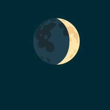 Flat vector illustration of waxing crescent moon phase on dark teal night sky background, simple lunar cycle astronomy icon