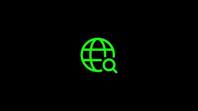 Neon green global search icon rapidly emerges beyond the border within one second, then continuously pulses with a smooth heartbeat rhythm.