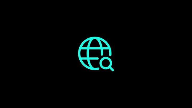 Cyan global search icon emerges beyond the border within one second, then repeatedly expands and contracts with a smooth heartbeat pulse.